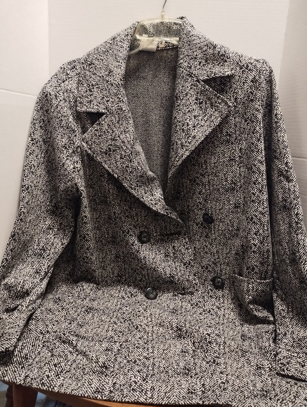 CAbi Black and White Herringbone Double-Breasted Pea Coat